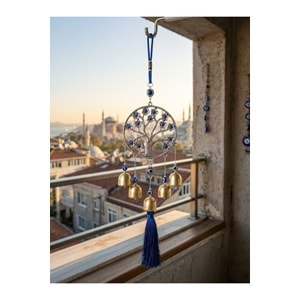 Hayat Ağacı Nazar Boncuklu Rüzgar Çanı 35 cm Metal Çanlı Püsküllü Balkon Kapı Bahçe Süsü - Gümüş