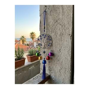 Hayat Ağacı Nazar Boncuklu Rüzgar Çanı 35 cm Metal Çanlı Püsküllü Balkon Kapı Bahçe Süsü - Renkli
