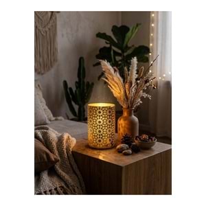Fas Desenli Gold Cam LED Mum Gerçekçi Alev Efektli Pilli Dekoratif Mum 10 x 7,5 cm