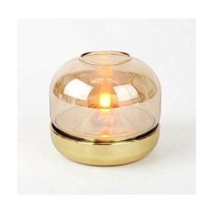 Amber Cam Kubbeli Gold LED Mum Alev Efektli Pilli Dekoratif Mumluk 9 x 7,5 cm