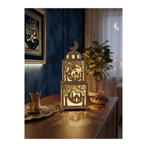 Işıklı Metal Ramazan Feneri İki Katlı Hilal Detaylı Dekoratif Ramazan Kulesi 38 cm