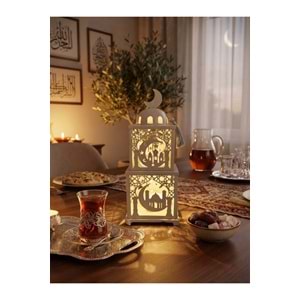 Işıklı Metal Ramazan Feneri İki Katlı Hilal Detaylı Dekoratif Ramazan Kulesi 38 cm