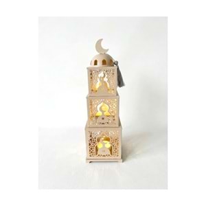 Işıklı Metal Ramazan Feneri Üç Katlı Büyük Boy Hilal Detaylı Dekoratif Kule 48 cm