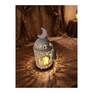 Işıklı Metal Kubbeli Hilal Detaylı Ramazan Feneri Dekoratif Masa Feneri 21 cm