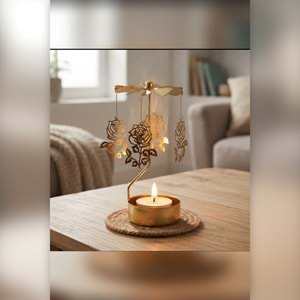 Dönen Mumluk Gül Figürlü Altın Metal Tealight Mum Tutucu Sevgiliye Hediye 15 cm