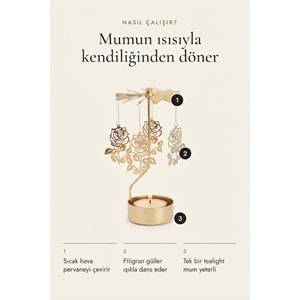 Dönen Mumluk Gül Figürlü Altın Metal Tealight Mum Tutucu Sevgiliye Hediye 15 cm