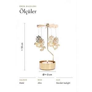 Dönen Mumluk Gül Figürlü Altın Metal Tealight Mum Tutucu Sevgiliye Hediye 15 cm