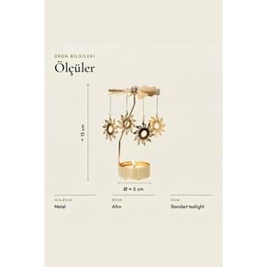 Dönen Mumluk Güneş Figürlü Altın Metal Tealight Mum Tutucu Dekoratif Hediye 15 cm