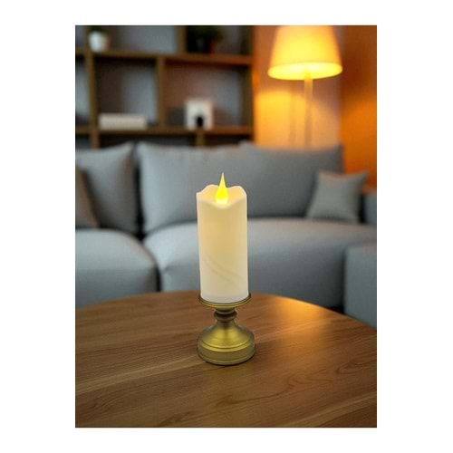 Dekoratif LED Mum – Altın Kaideli, Gerçek Alev Efektli, Pilli Işıklı Mum 20x6,5 cm