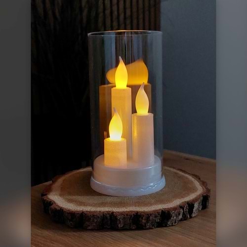 3 Mumlu Kandil Dumansız Pilli Dekoratif Mum 16 cm x 8,3 cm