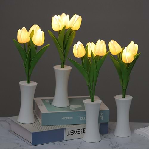 Beyaz Lale Tasarımlı Dekoratif Led Işıklı Lamba 30 cm x 5,5 cm