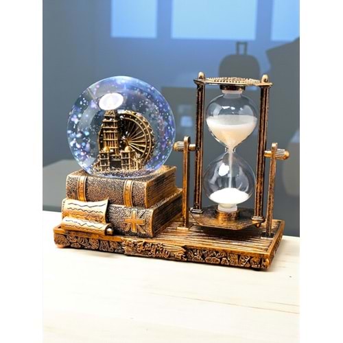Big Ben Temalı Işıklı Kum Saati ve Kar Küresi Seti – Retro İngiliz Dekoratif Biblo (16 cm)