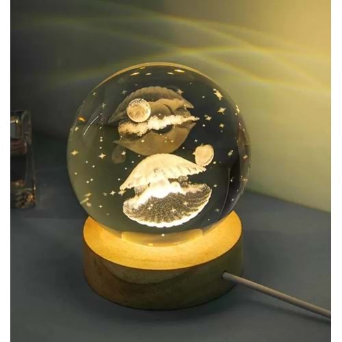 Işıklı Ahşap Altlıklı İstiridye İçinde İnci Tanesi Tasarımlı Cam Küre