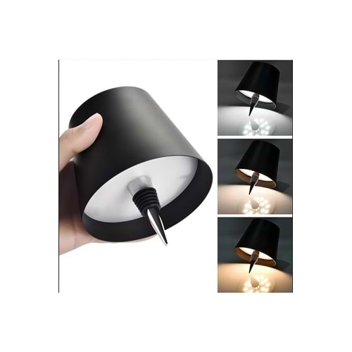 Siyah Renk Pilli Şişe Lambası – Kablosuz Dokunmatik LED Masa Lambası, USB Şarjlı, IP44 Su Geçirmez,