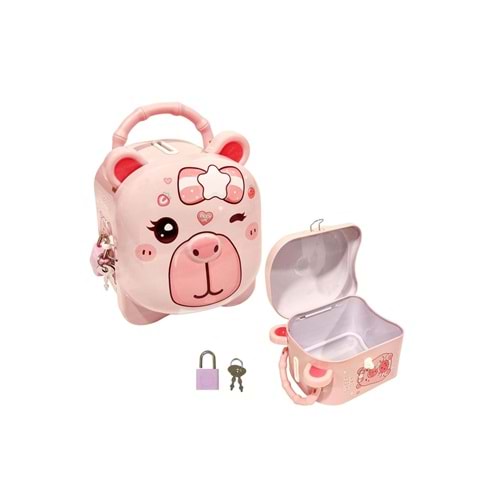 Sevimli Capybara Tasarımlı Kilitli Metal Kumbara – 10.5x13x9.5 cm,Renkli