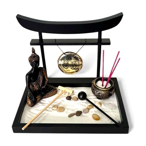 Zen Bahçesi Seti Buda Figürlü Gonglu ve Tütsülüklü Ahşap Masaüstü Meditasyon Seti 22 x 16 x 18 cm