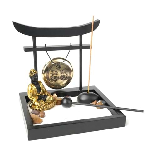 Zen Bahçesi Seti Altın Buda Figürlü Gonglu Tütsülüklü Ahşap Masaüstü Meditasyon Seti 15 x 13 x 15 cm