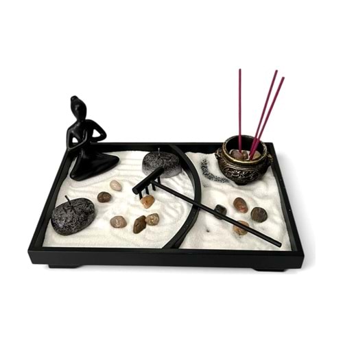 Yin Yang Zen Kum Bahçesi Yoga Figürlü Tütsülüklü Ahşap Masaüstü Meditasyon Seti 22,5 x 15 x 10 cm