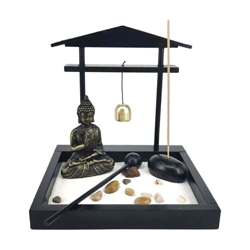 Zen Bahçesi Seti Buda Figürlü Çanlı Pagoda Tasarım Ahşap Masaüstü Meditasyon Seti 15 x 13 x 15 cm