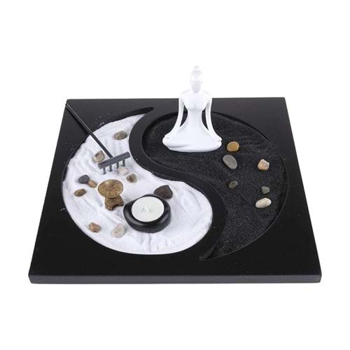 Yin Yang Zen Kum Bahçesi 30x30 cm – Meditasyon Figürü, Mumluk ve Taş Setli Dekoratif Hediye