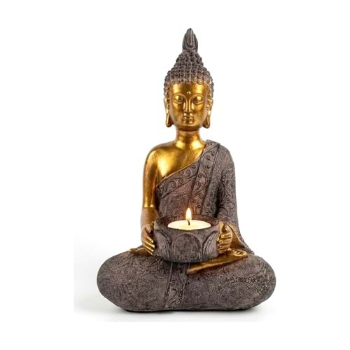 Buda Heykeli Mumluk Altın Gri Reçine Tealight Mum Tutuculu Dekoratif Meditasyon Biblosu 26 cm