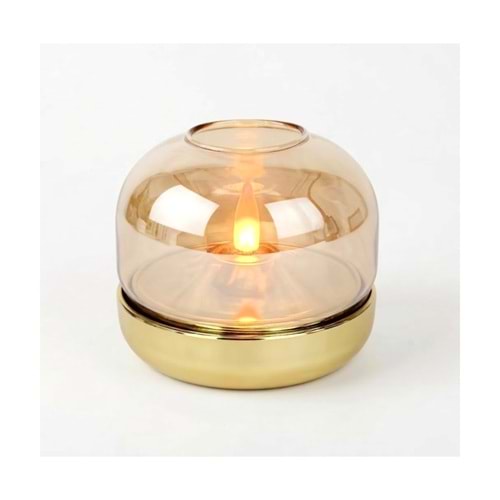 Amber Cam Kubbeli Gold LED Mum Alev Efektli Pilli Dekoratif Mumluk 9 x 7,5 cm