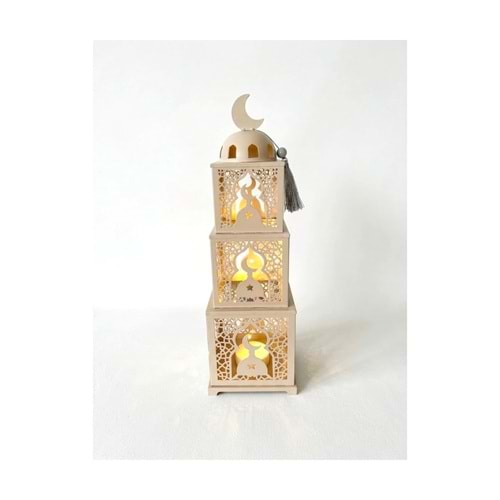 Işıklı Metal Ramazan Feneri Üç Katlı Büyük Boy Hilal Detaylı Dekoratif Kule 48 cm