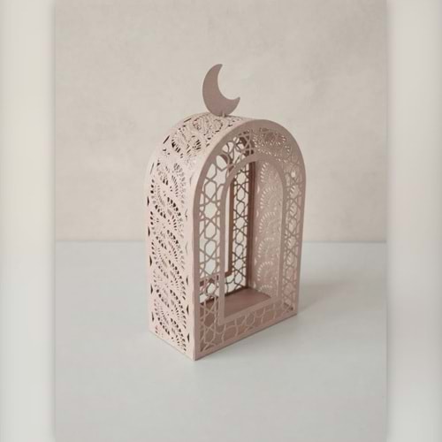 Metal Kemer Tasarımlı Hilal Detaylı Dekoratif Mumluk Fener 30 cm Ramazan Dekoru