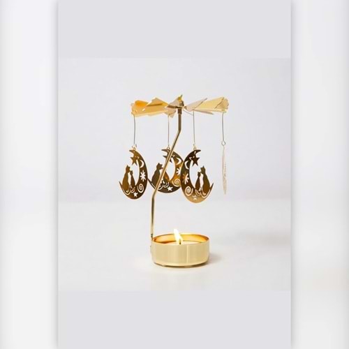 Dönen Mumluk Hilal Ay ve Kedi Figürlü Altın Metal Tealight Mum Tutucu Dekoratif Hediye 15 cm