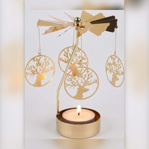 Dönen Mumluk Geyik Figürlü Altın Metal Tealight Mum Tutucu Yılbaşı Dekoru Hediye 15 cm
