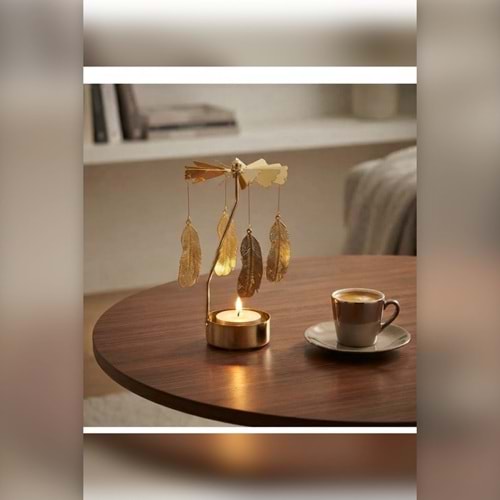 Dönen Mumluk Tüy Figürlü Altın Metal Tealight Mum Tutucu Dekoratif Hediye 15 cm