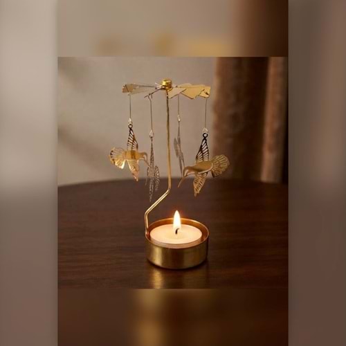 Dönen Mumluk Sinek Kuşu Figürlü Altın Metal Tealight Mum Tutucu Dekoratif Hediye 15 cm