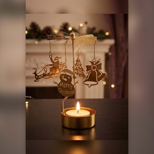 Dönen Mumluk Yılbaşı Figürlü Noel Baba Çan Kardan Adam Altın Metal Tealight Mum Tutucu 15 cm