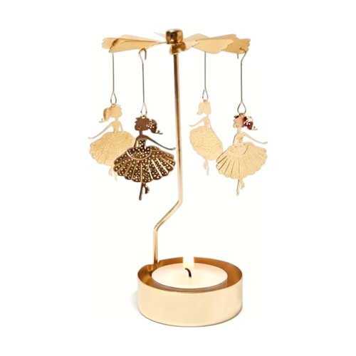 Dönen Mumluk Balerin Figürlü Altın Metal Tealight Mum Tutucu Dekoratif Hediye 15 cm