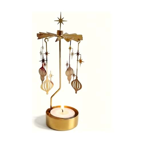 Dönen Mumluk Yıldız ve Yılbaşı Süsü Figürlü Altın Metal Tealight Mum Tutucu 18 cm