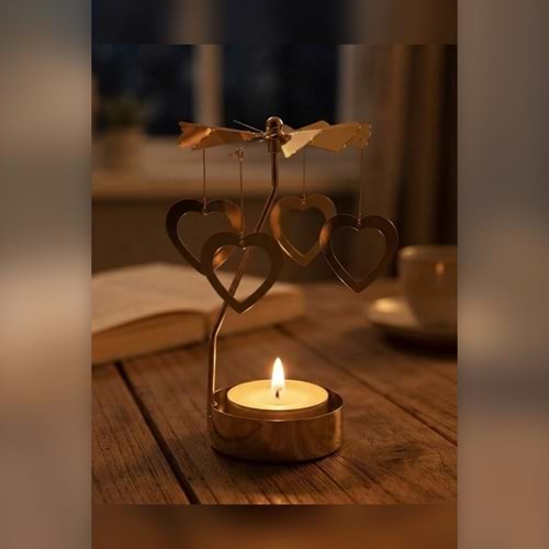 Dönen Mumluk Kalp Figürlü Altın Metal Tealight Mum Tutucu Sevgiliye Hediye 15 cm