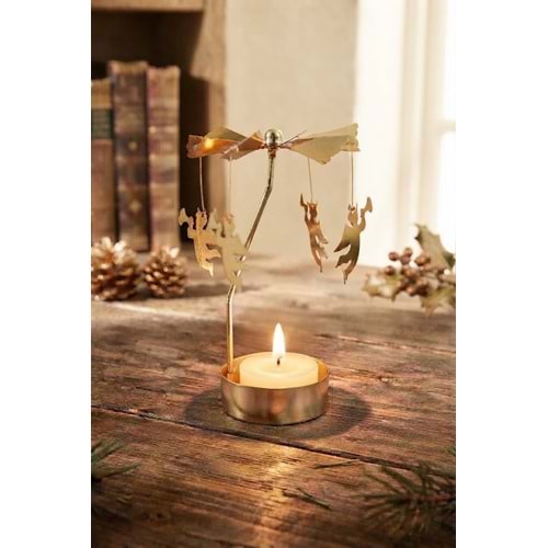 Dönen Mumluk Borazanlı Melek Figürlü Altın Metal Tealight Mum Tutucu Yılbaşı Dekoru 15 cm