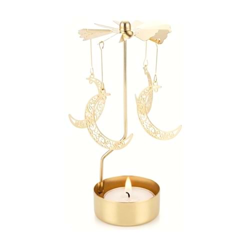 Dönen Mumluk Hilal Ay Figürlü Altın Metal Tealight Mum Tutucu Dekoratif Hediye 15 cm
