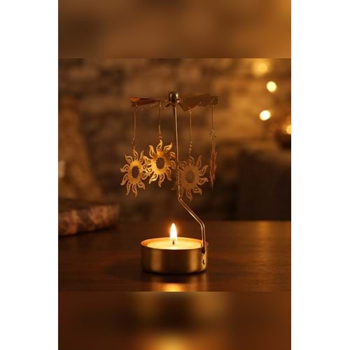 Dönen Mumluk Güneş Figürlü Altın Metal Tealight Mum Tutucu Dekoratif Hediye 15 cm