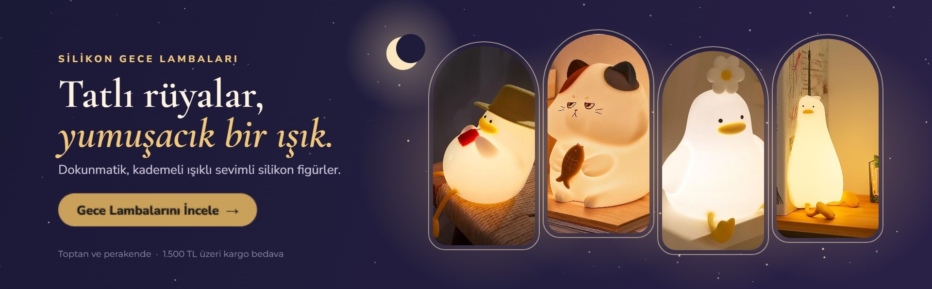 Sevimli silikon gece lambaları – ördek ve kedi figürlü dokunmatik LED lambalar