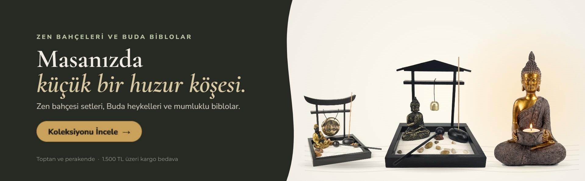 Zen bahçesi setleri ve mumu yanan Buda heykeli – Zen Bahçeleri ve Buda Biblolar
