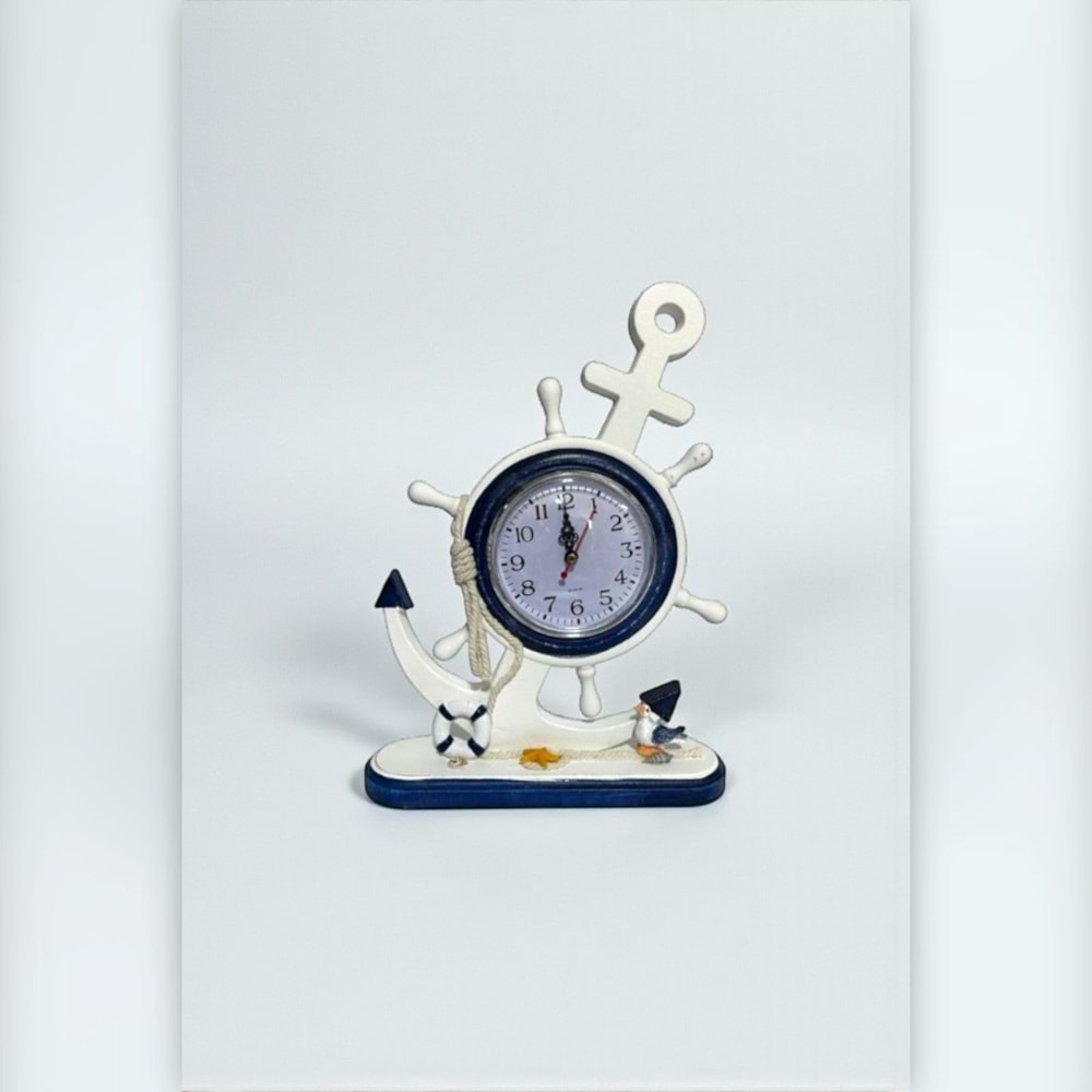 Dekoratif Marin Ahşap Dümen Çapa Masa Saati – Nautical Tarz 33x22 cm