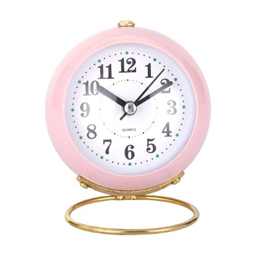 Pembe Renkli Işıklı Metal Masa Üstü Alarmlı Çalar Saat