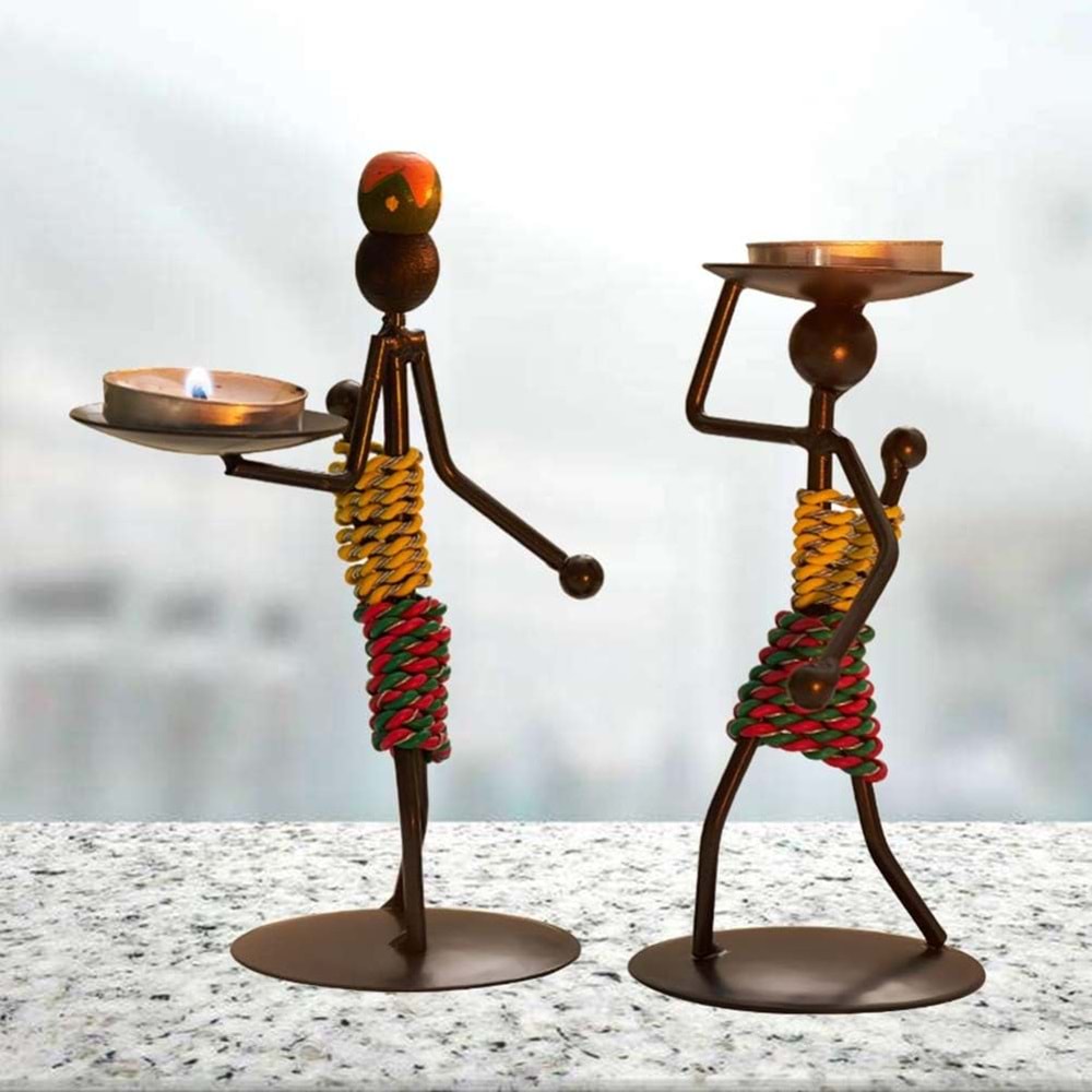 Afrikalı Kadın Tasarımlı Tealight Metal Mumluk Dekoratif Şık Hediyelik 3 lü set