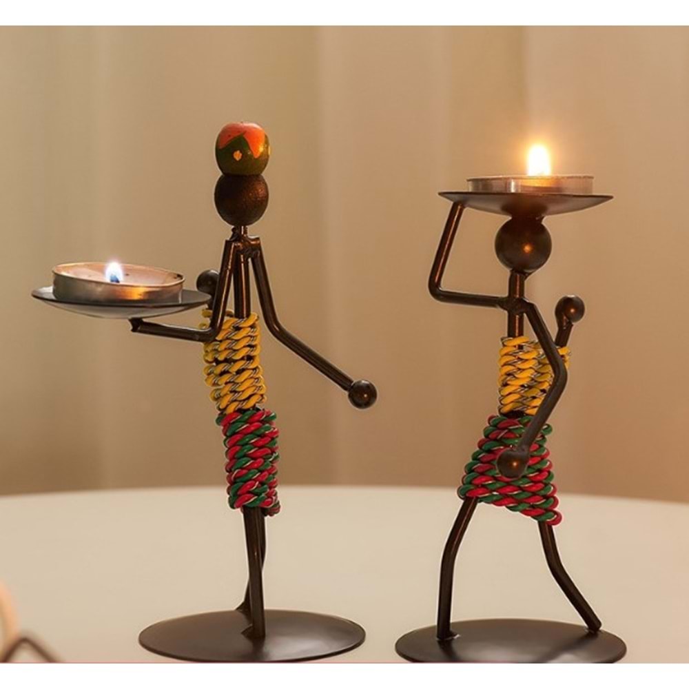 Afrikalı Kadın Tasarımlı Tealight Metal Mumluk Dekoratif Şık Hediyelik 3 lü set