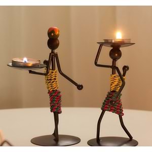 Afrikalı Kadın Tasarımlı Tealight Metal Mumluk Dekoratif Şık Hediyelik 3 lü set