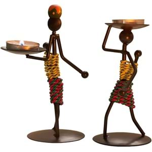 Afrikalı Kadın Tasarımlı Tealight Metal Mumluk Dekoratif Şık Hediyelik 3 lü set
