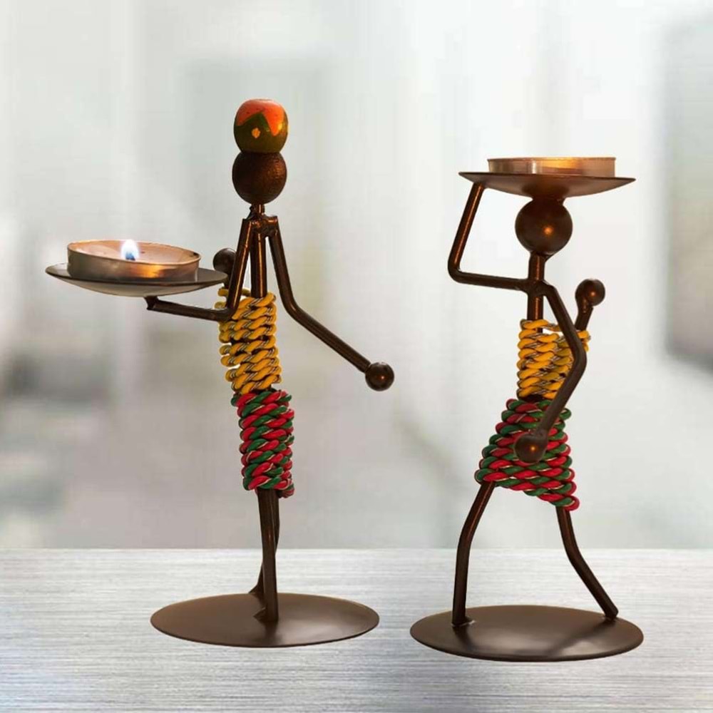 Afrikalı Kadın Tasarımlı Tealight Metal Mumluk Dekoratif Şık Hediyelik 3 lü set