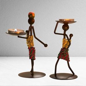 Afrikalı Kadın Tasarımlı Tealight Metal Mumluk Dekoratif Şık Hediyelik 3 lü set