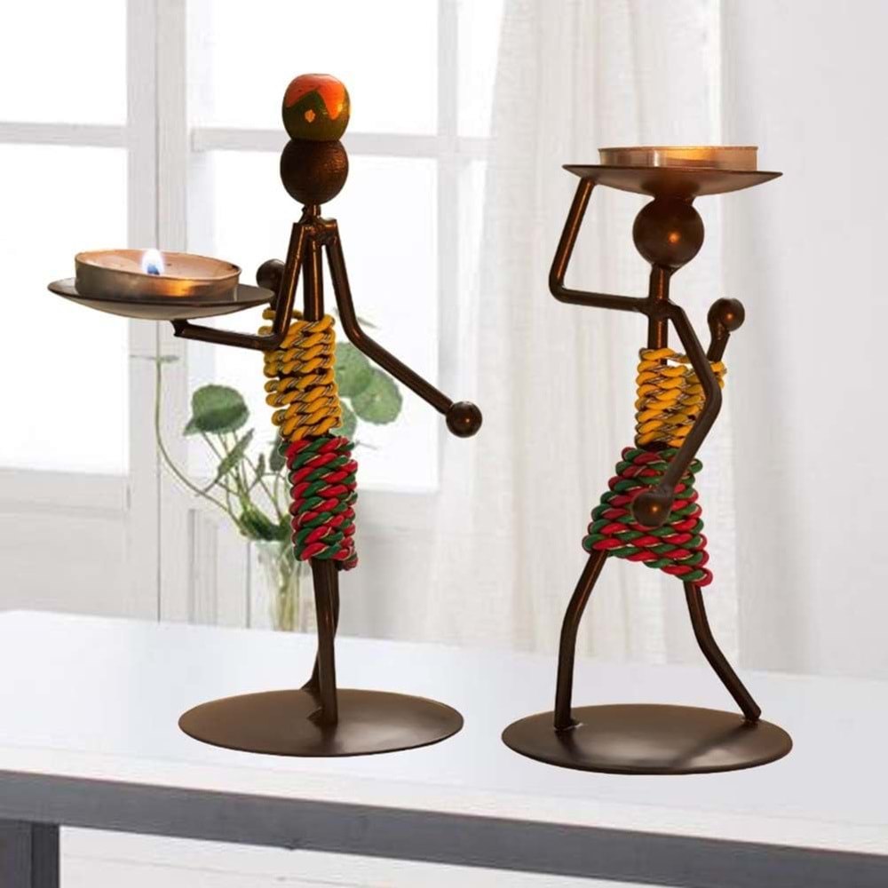 Afrikalı Kadın Tasarımlı Tealight Metal Mumluk Dekoratif Şık Hediyelik 3 lü set